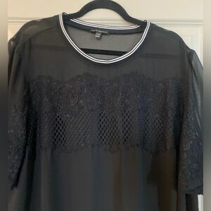 Sheer black top with white neckline